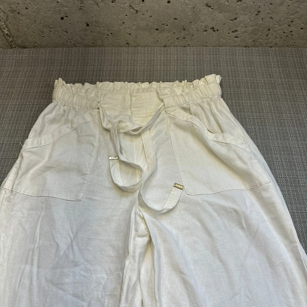 Coastal Linen Blend Wide Leg Pants‎ White Pockets Drawstring Medium *